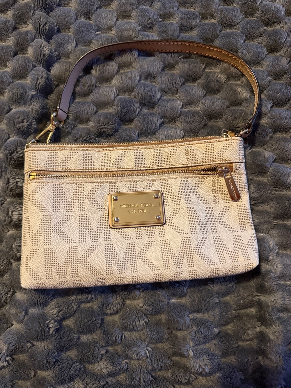 Michael Kors Beige Logo Wristlet with Gold Hardware and Brown Strap